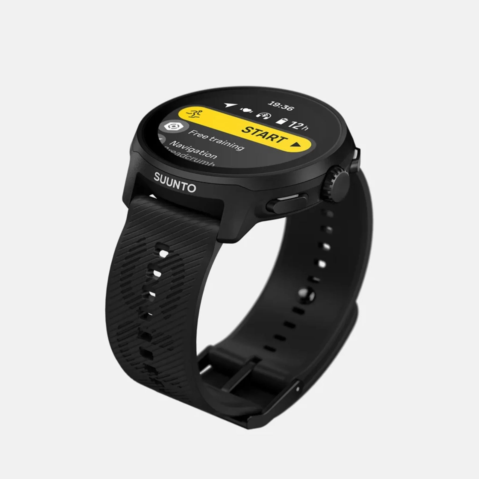 Montre GPS de course Suunto Run, coloris All Black (bracelet silicone) — vue de trois-quarts en plongée