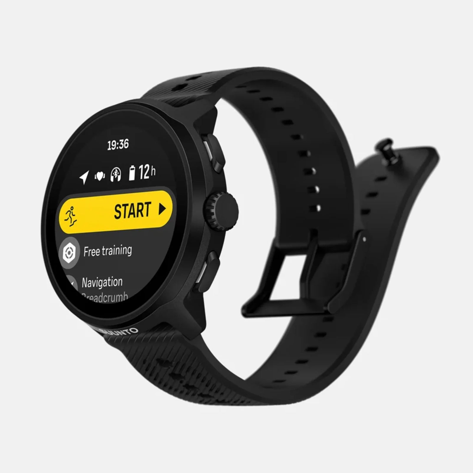 Montre GPS de course Suunto Run, coloris All Black (bracelet silicone) — vue de trois-quarts droite