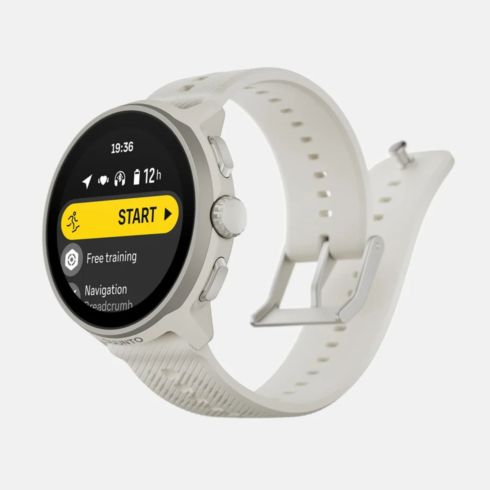 Montre GPS de course Suunto Run, coloris Frost Gray (bracelet silicone) — vue de trois-quarts droite