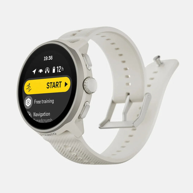Montre GPS de course Suunto Run, coloris Frost Gray (bracelet silicone) — vue de trois-quarts droite