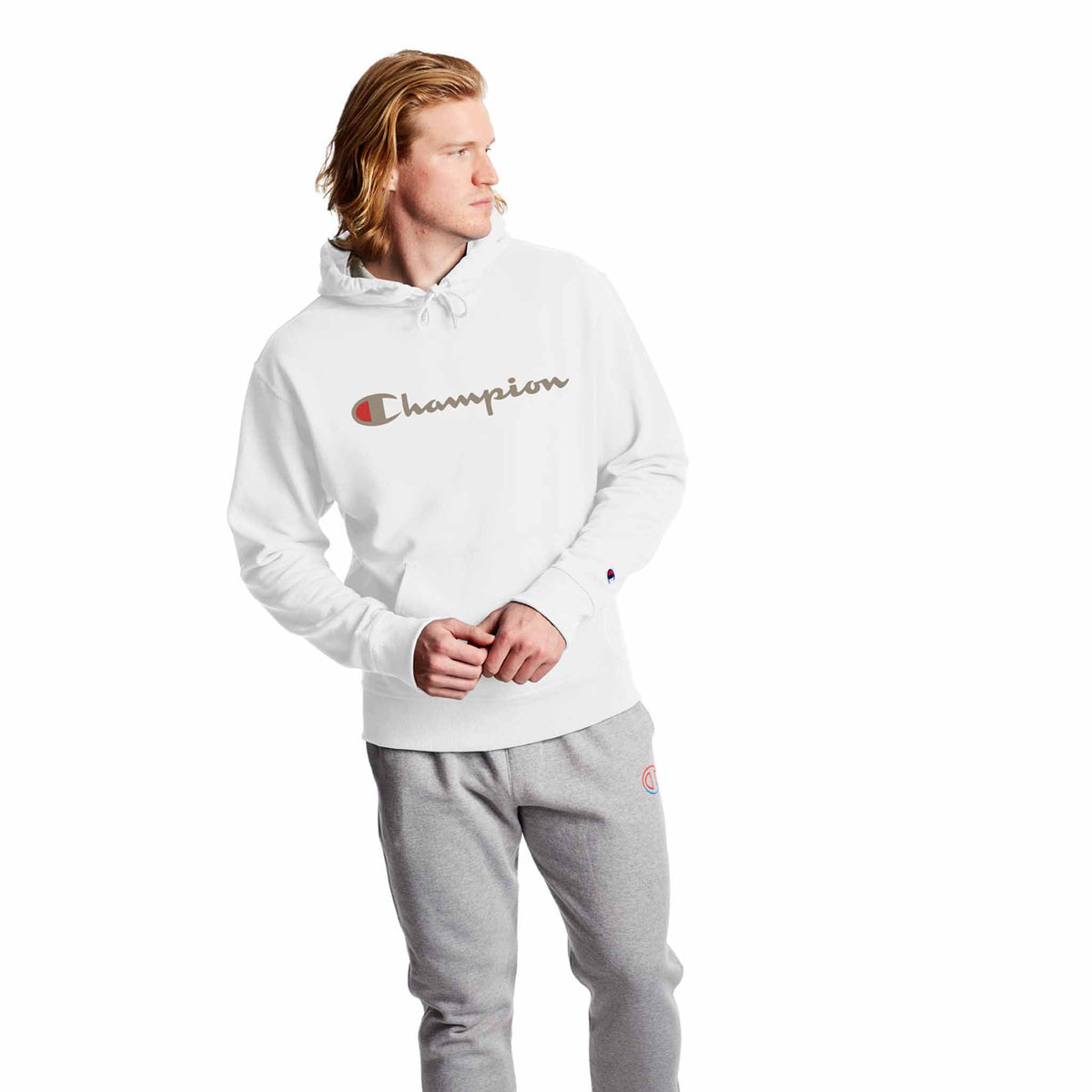Champion Powerblend Graphic Hoodie sweatshirt a capuchon avec logo pour homme blanc