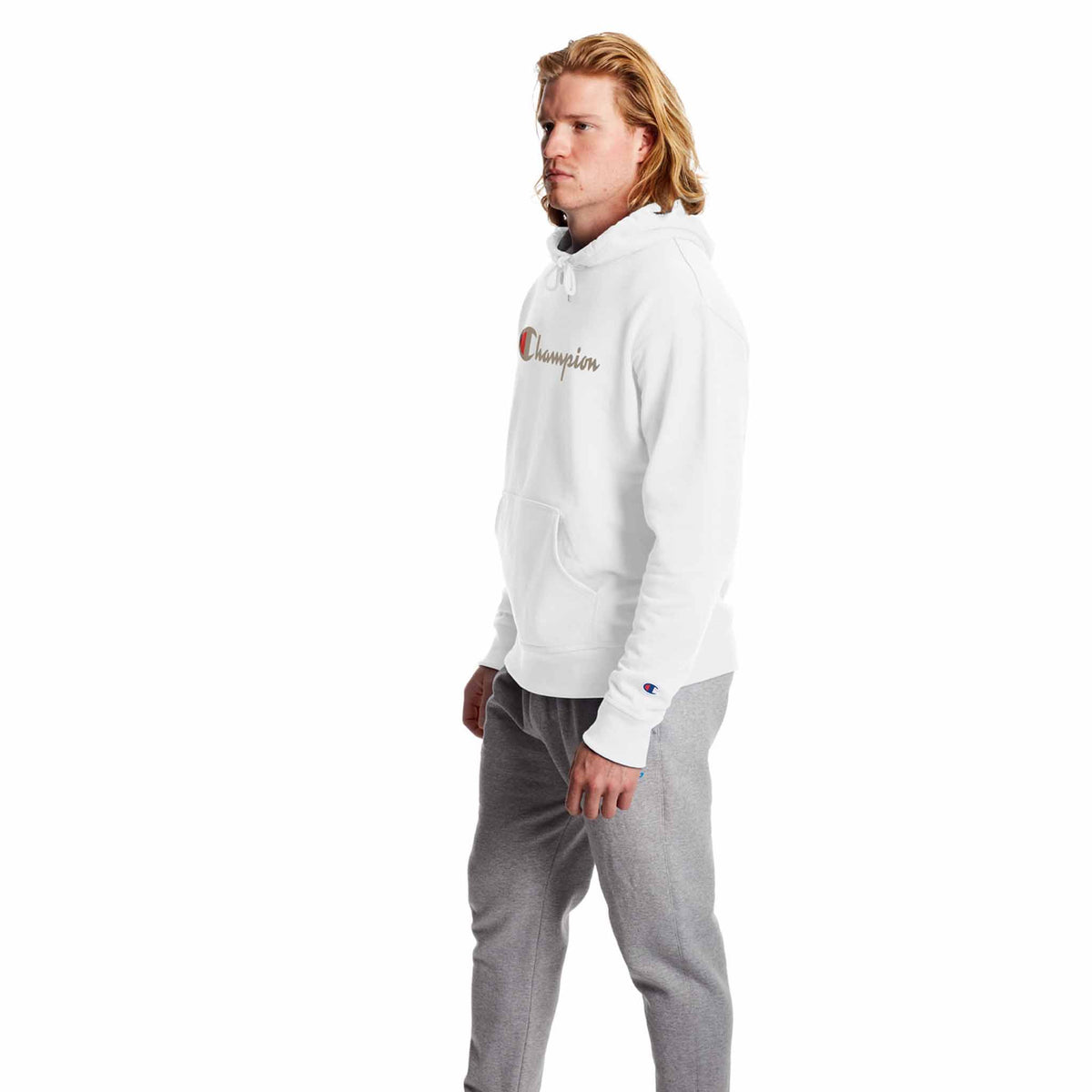 Champion Powerblend Graphic Hoodie sweatshirt a capuchon avec logo pour homme blanc angle