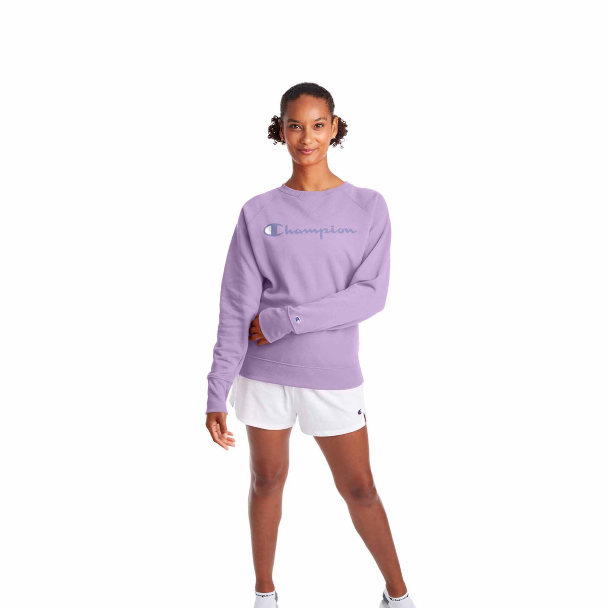 Champion Powerblend Classic Crew Script Logo Chandail molletonné pour femme Enchanted Lilac