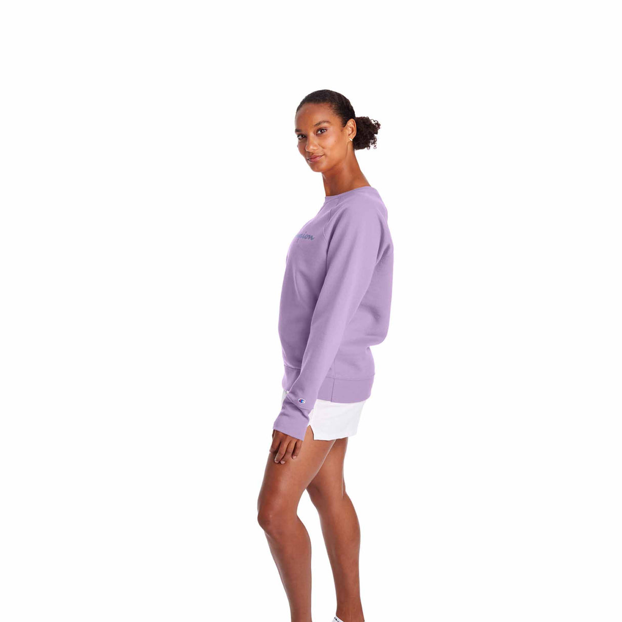 Champion Powerblend Classic Crew Script Logo Chandail molletonné pour femme Enchanted Lilac vue de côté