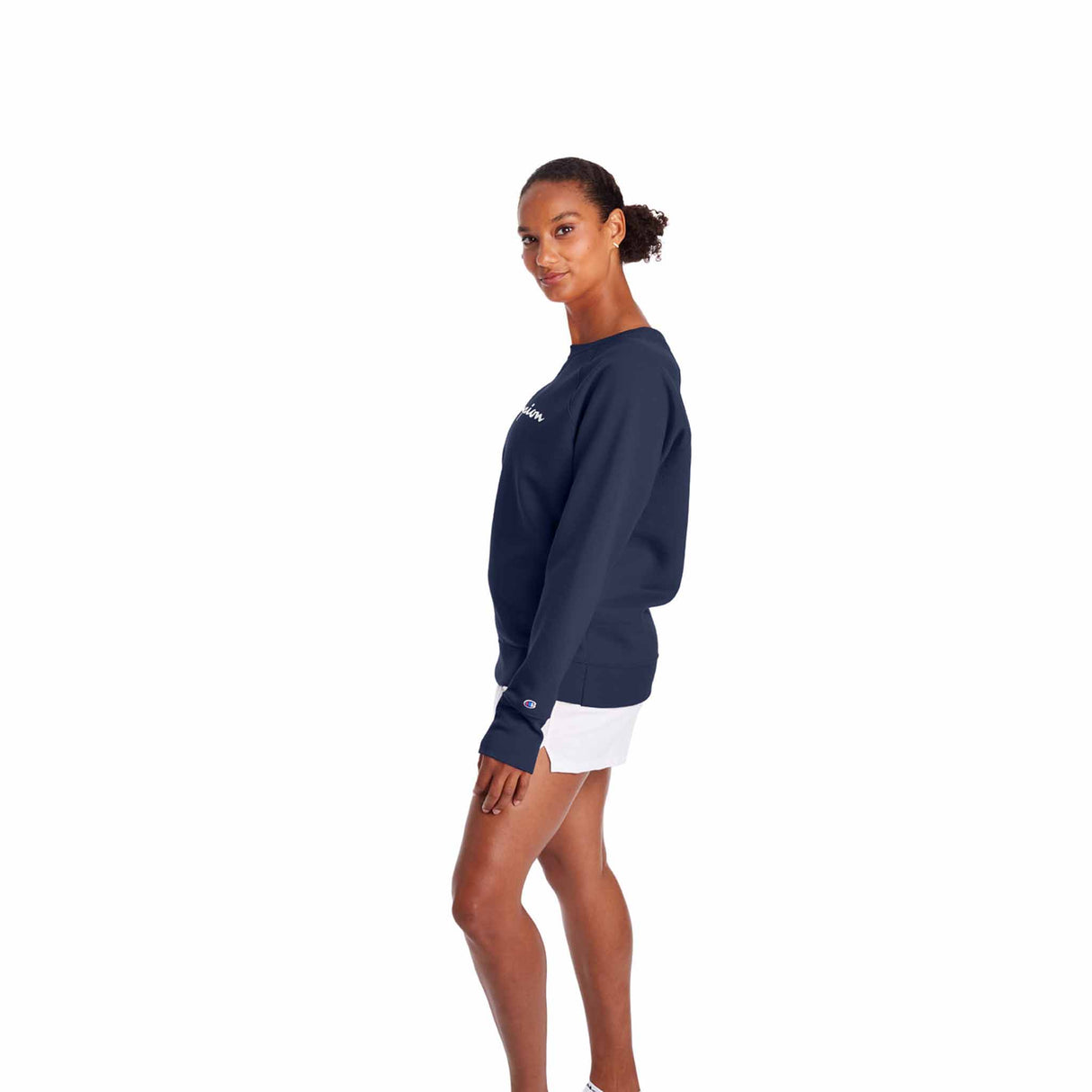 Champion Powerblend Classic Crew Script Logo Chandail molletonné pour femme Navy vue de côté