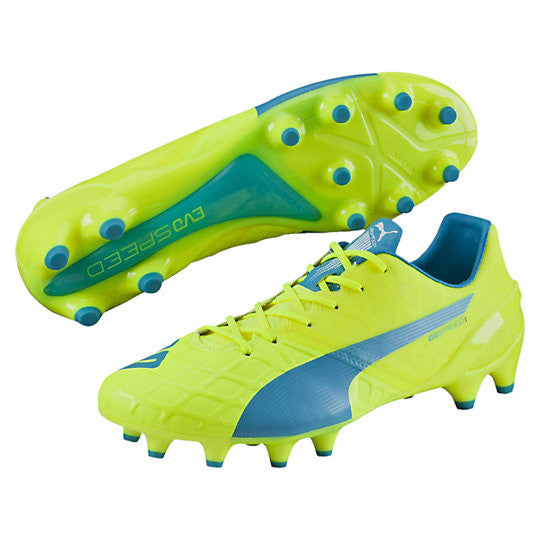 Puma evoSpeed 1.4 FG soccer cleats FG yellow blue pair
