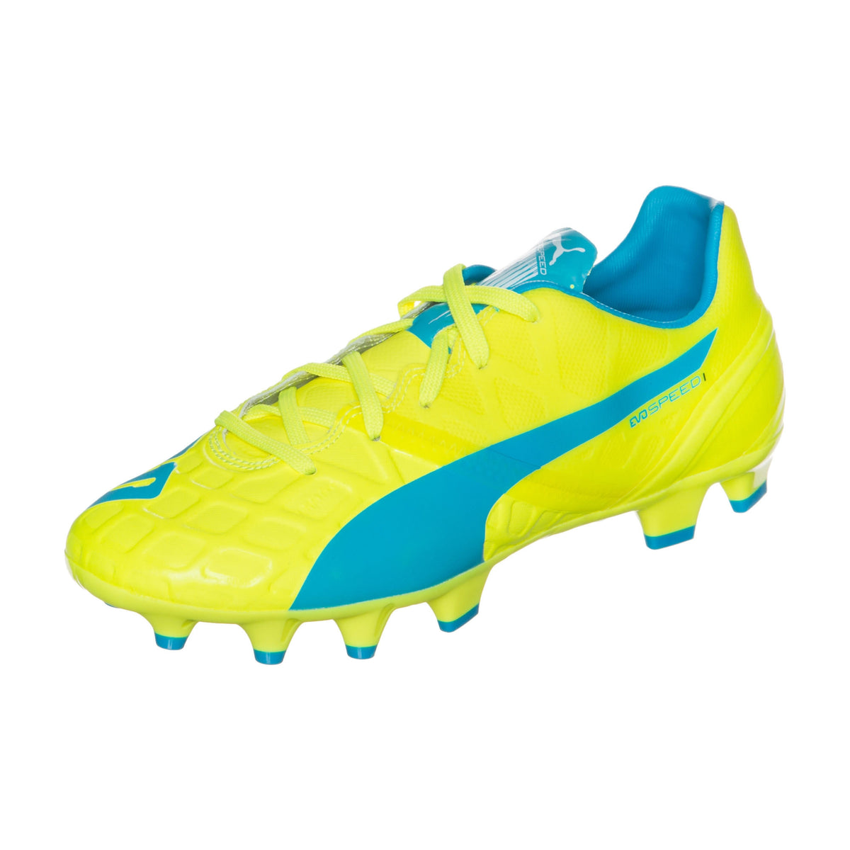 Puma evoSPEED 1.4 FG Junior chaussure de soccer enfant jaune bleu