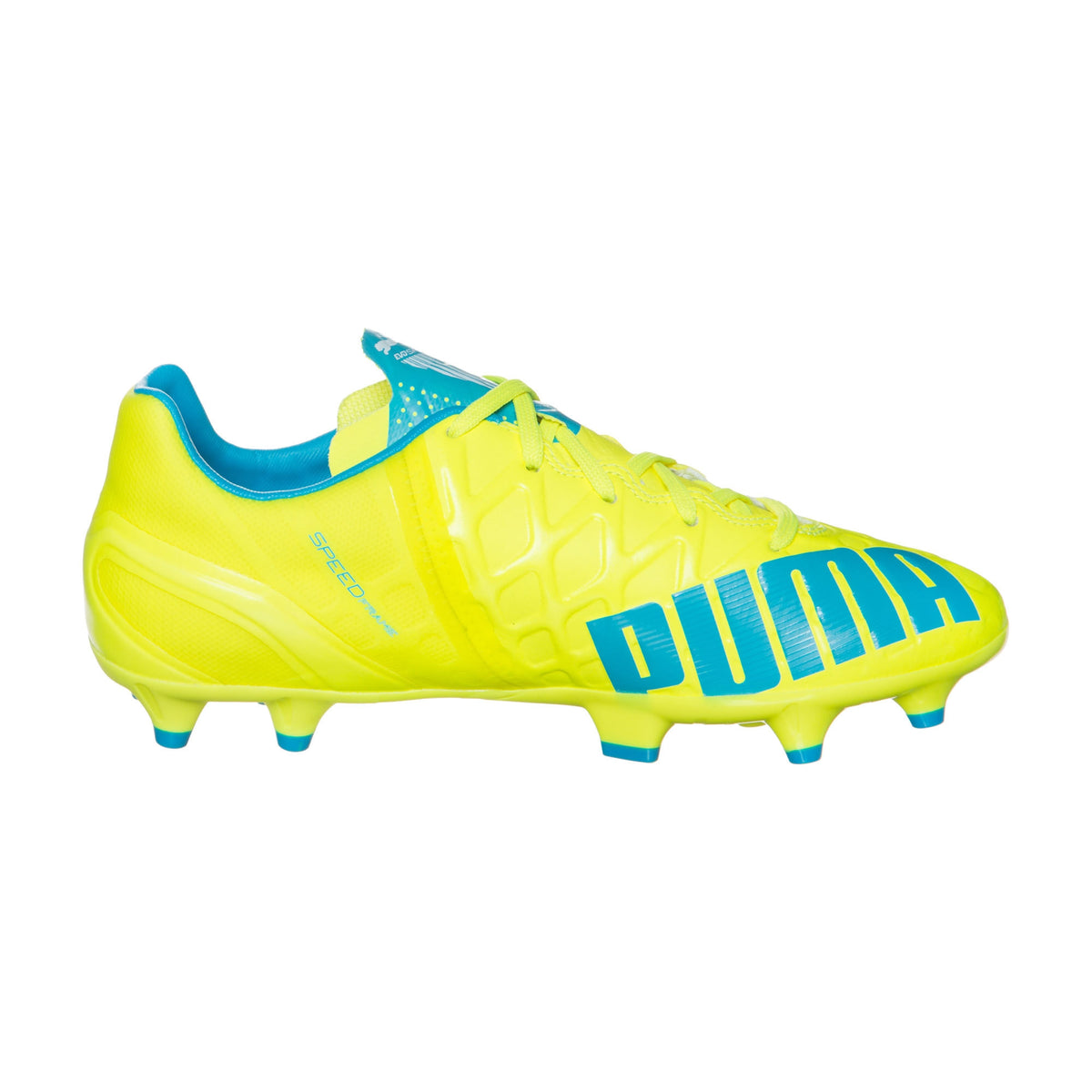 Puma evoSPEED 1.4 FG Junior chaussure de soccer enfant jaune bleu lv