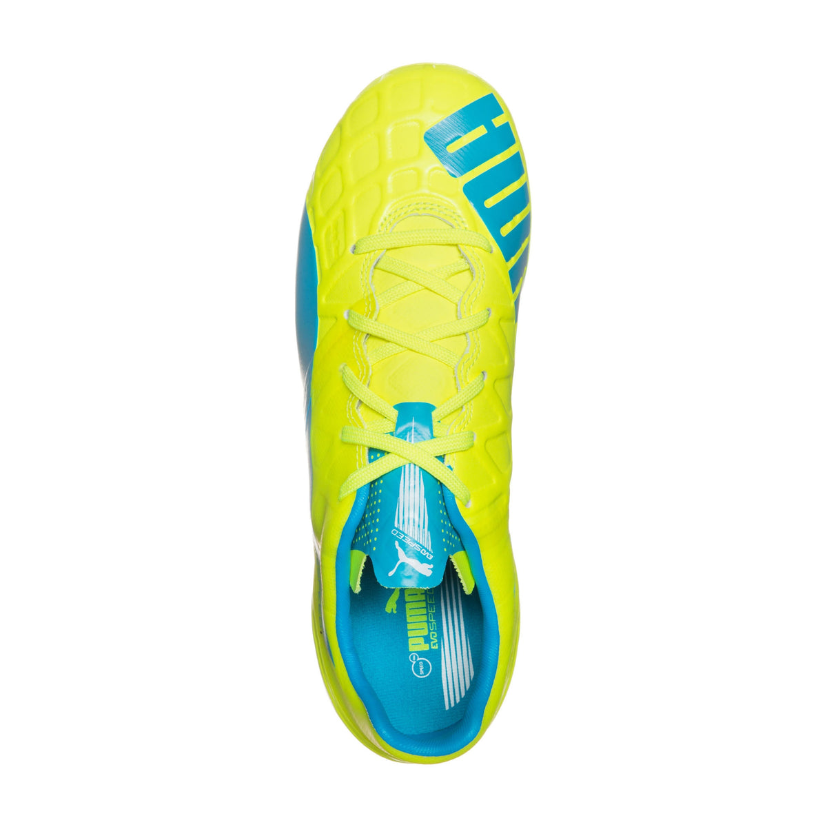 Puma evoSPEED 1.4 FG Junior chaussure de soccer enfant jaune bleu uv