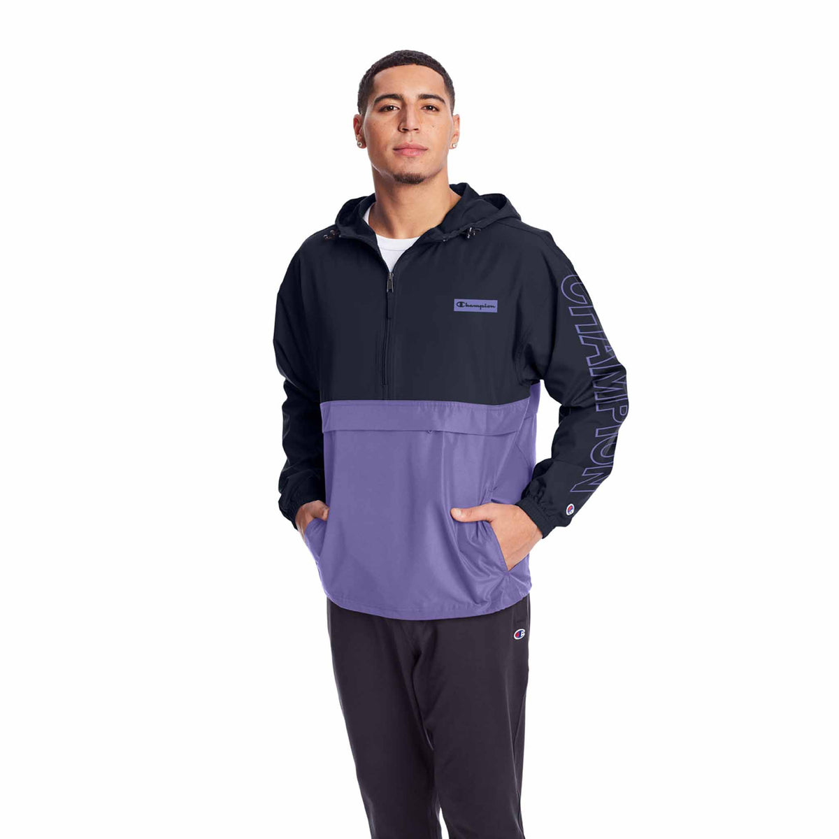 Champion Stadium Colorblock Packable Jacket manteau de pluie à enfiler pour homme navy Iris purple