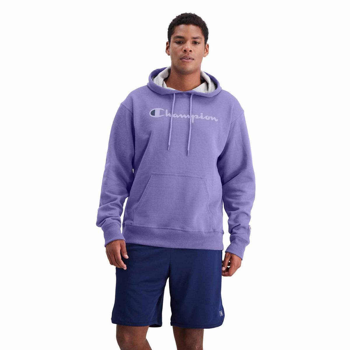Champion Powerblend Graphic Hoodie Script logo sweatshirt a capuche pour homme Iris Purple