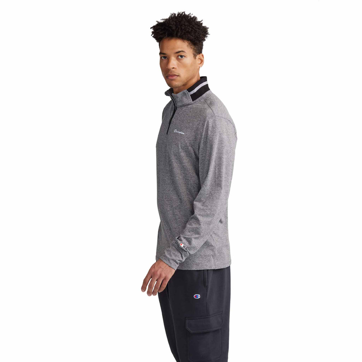 Champion City Sport 1/4 Zip script logo pour homme gris vue de côté