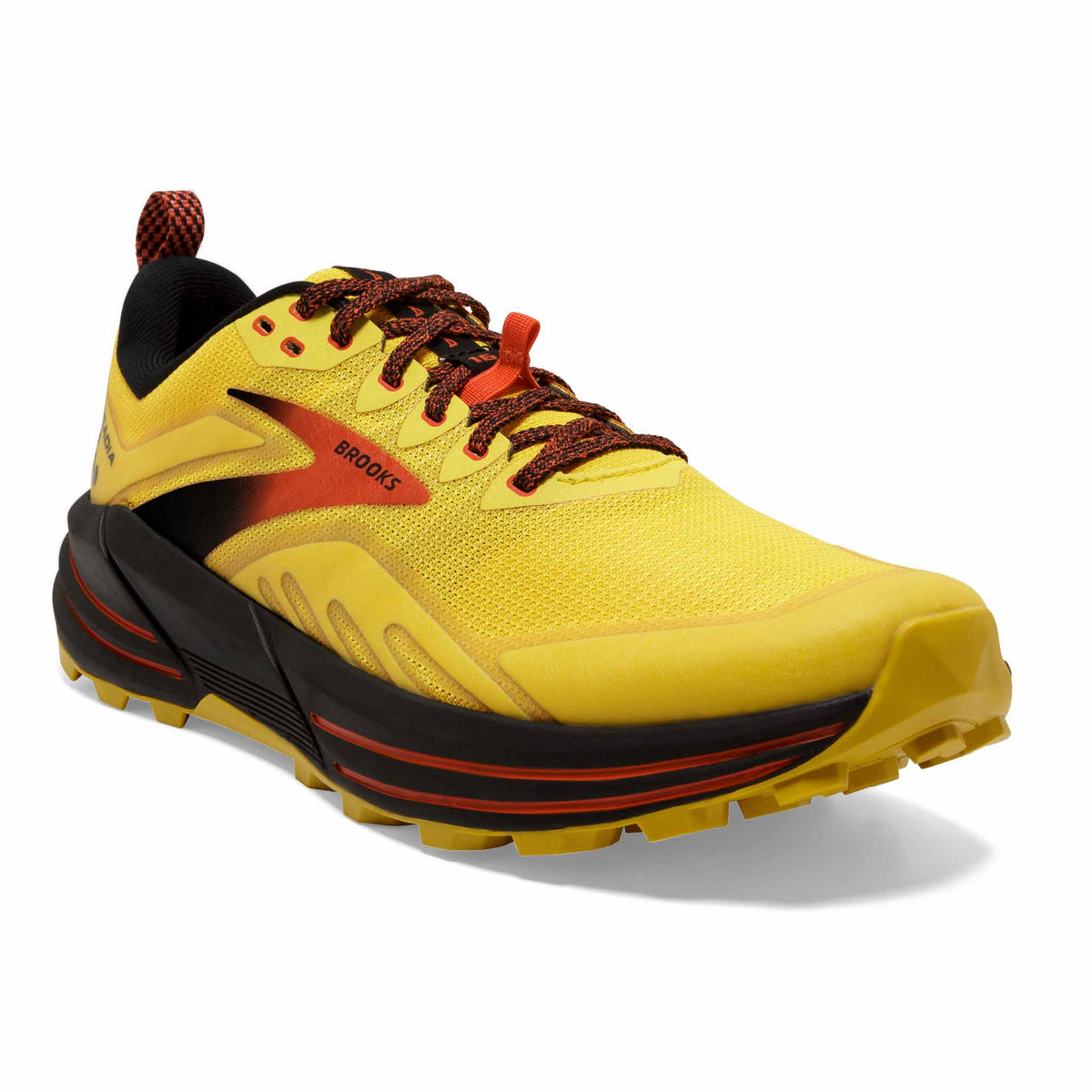 Brooks Cascadia 16 chaussures de course à pied trail homme - Yellow / Black / Grenadine - angle