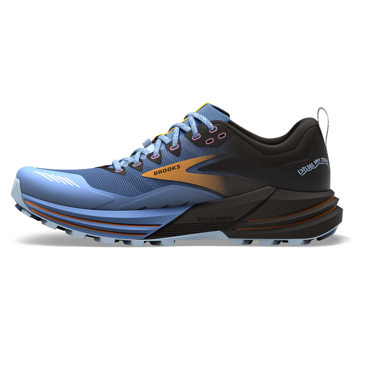 Brooks Cascadia 16 chaussures de course à pied trail femme lateral bleu noir jaune