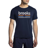 Brooks Distance 2.0 t-shirt de course homme face -Heather Navy/Brooks Track Stripe