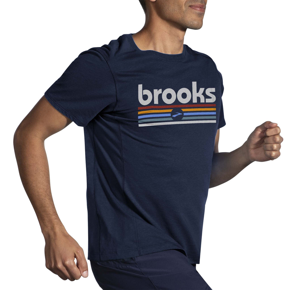 Brooks Distance 2.0 t-shirt de course homme live -Heather Navy/Brooks Track Stripe