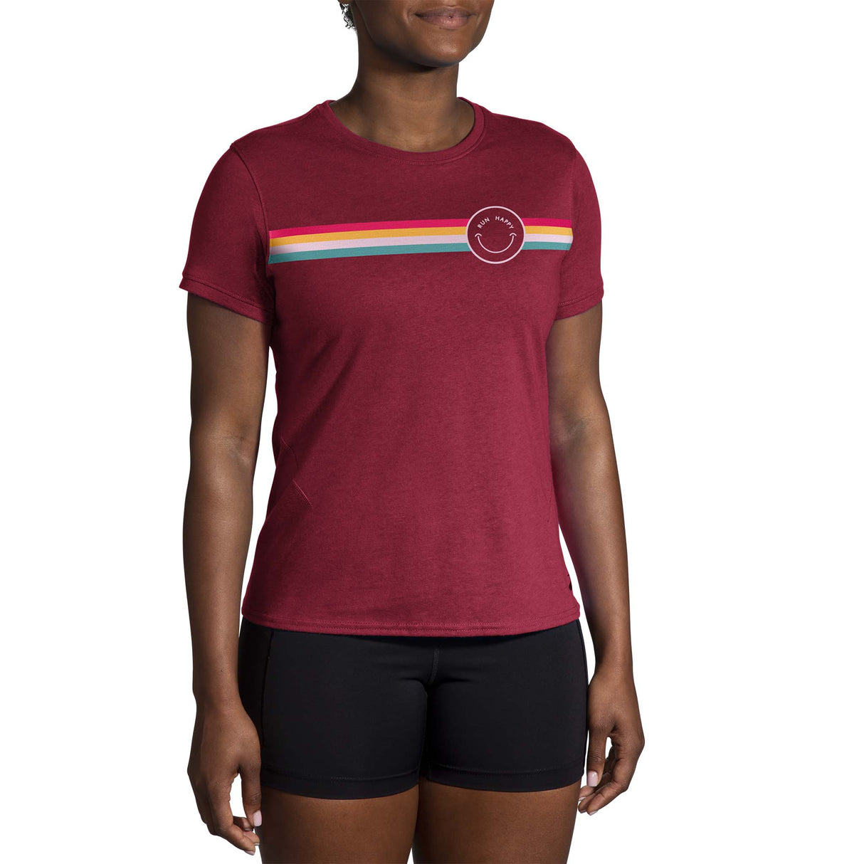 Brooks DIstance 2.0 t-shirt de course femme face-Heather Razzmatazz/Rainbow Stripe