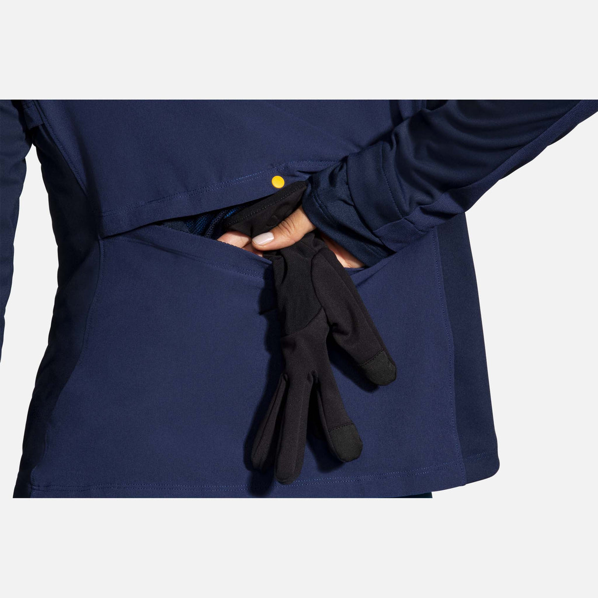 Brooks Fusion Hybrid Jacket manteau de course à pied navy blue bolt pour femme pochette dos