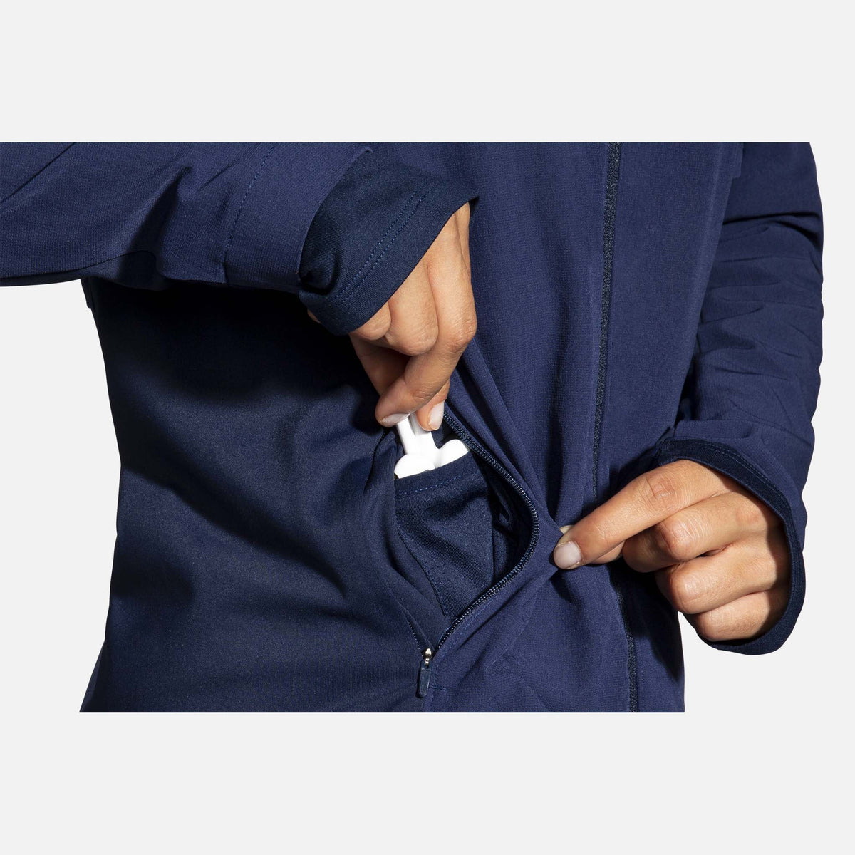 Brooks Fusion Hybrid Jacket manteau de course à pied navy blue bolt pour femme pochette coté