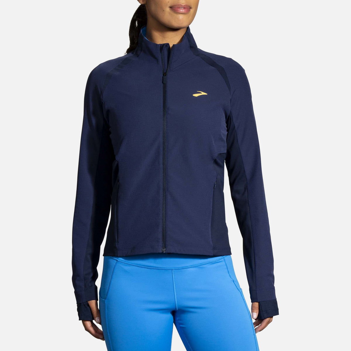 Brooks Fusion Hybrid Jacket manteau de course à pied navy blue bolt pour femme face