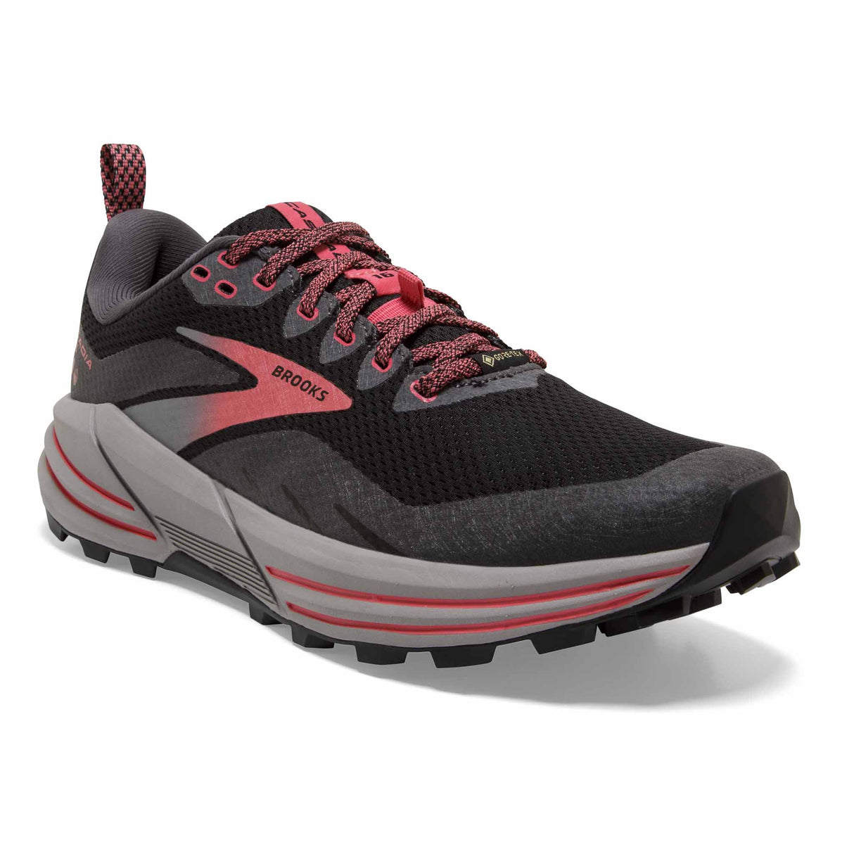 Brooks Cascadia 16 GTX chaussures de course à pied trail femme - Black / Blackened Pearl / Coral - angle