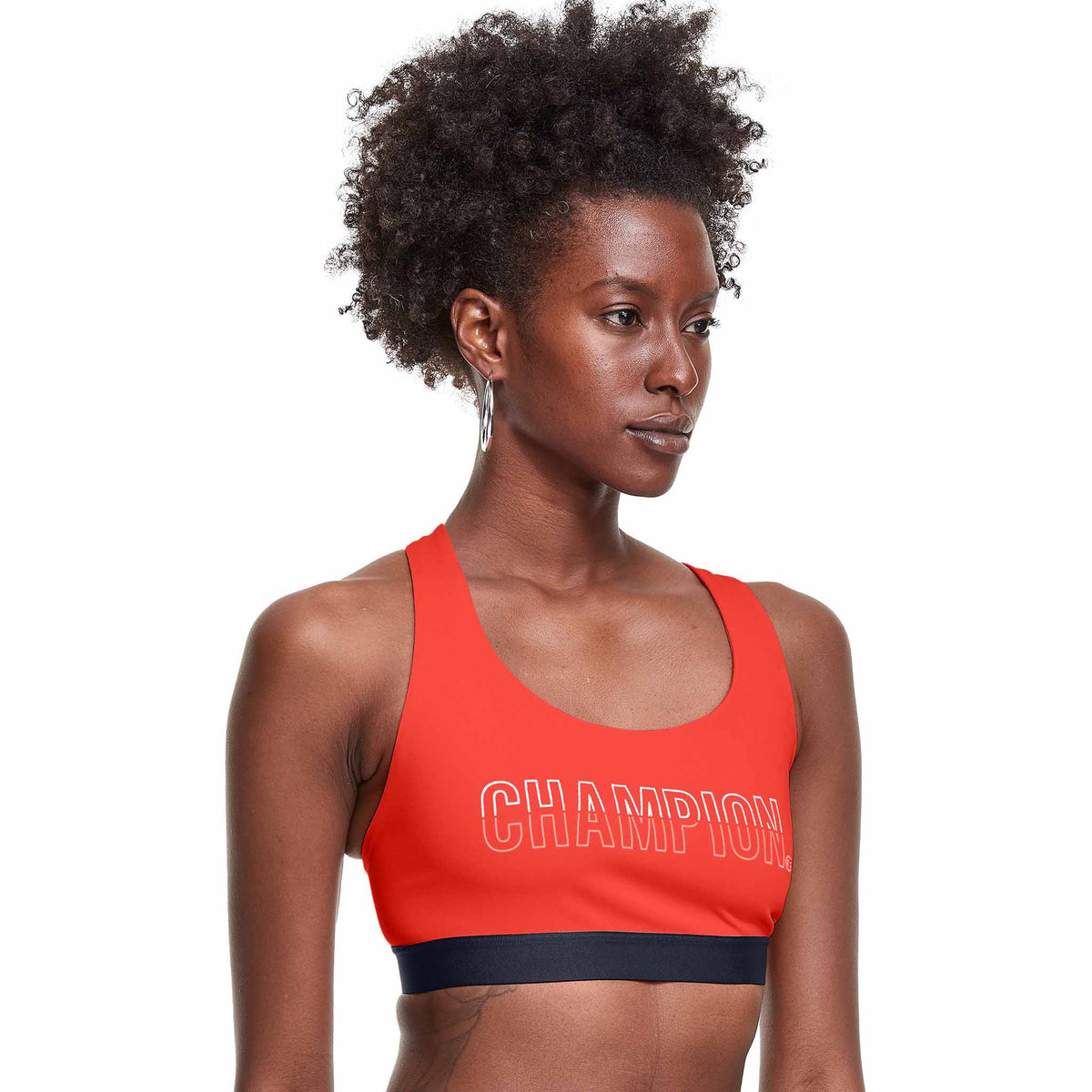 Champion Absolute Eco Sports Bra Graphic Outline Colorblock Logo soutien-gorge sport - Poppy Orange / Athletic Navy - Angle