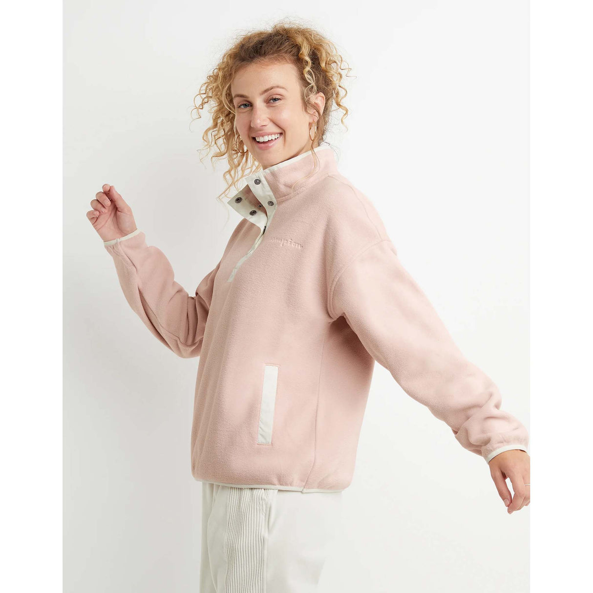 Champion Explorer Fleece Snap Pull-over rose blanc femme lateral