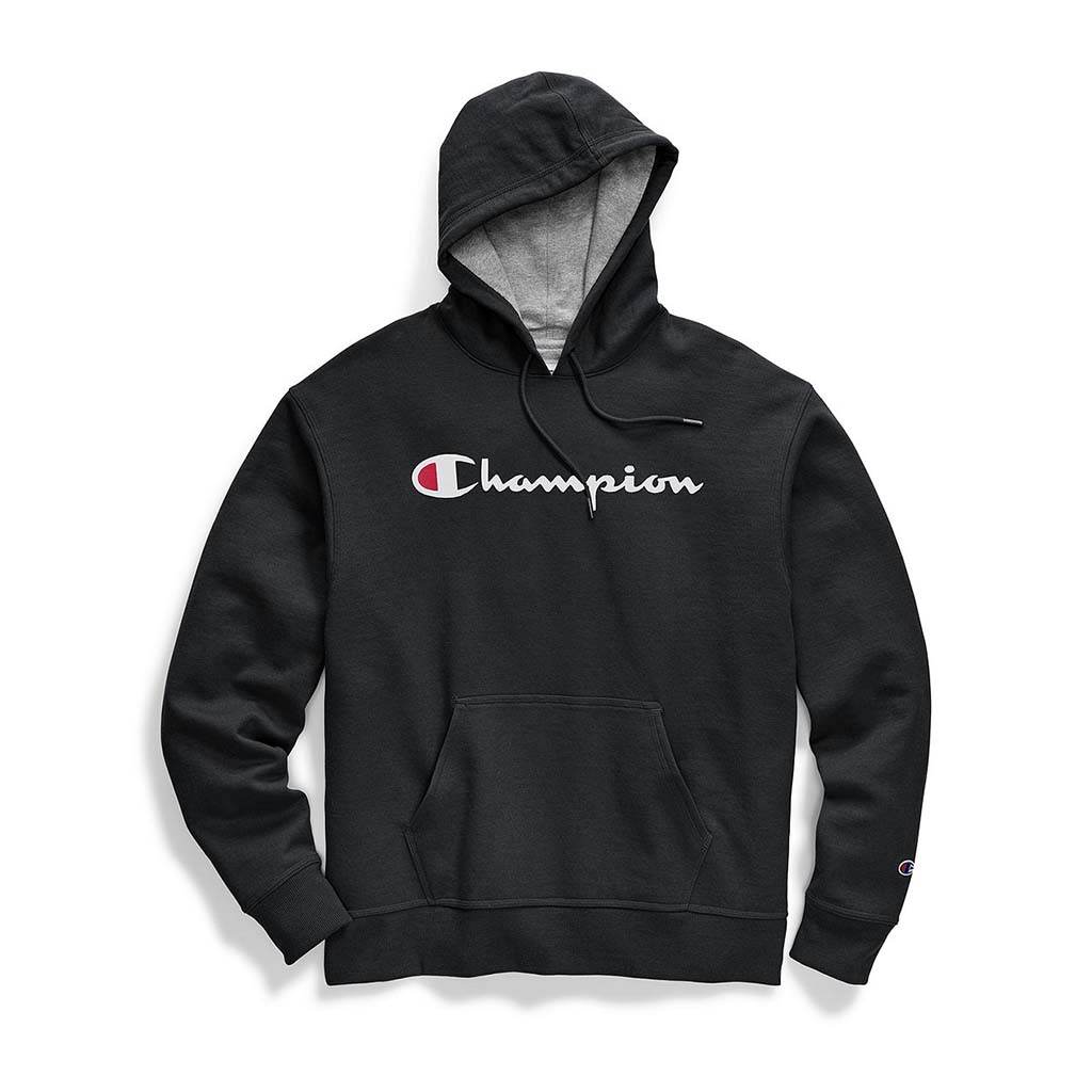 Champion Powerblend Graphic Hoodie sweatshirt a capuche noir avec logo pour homme