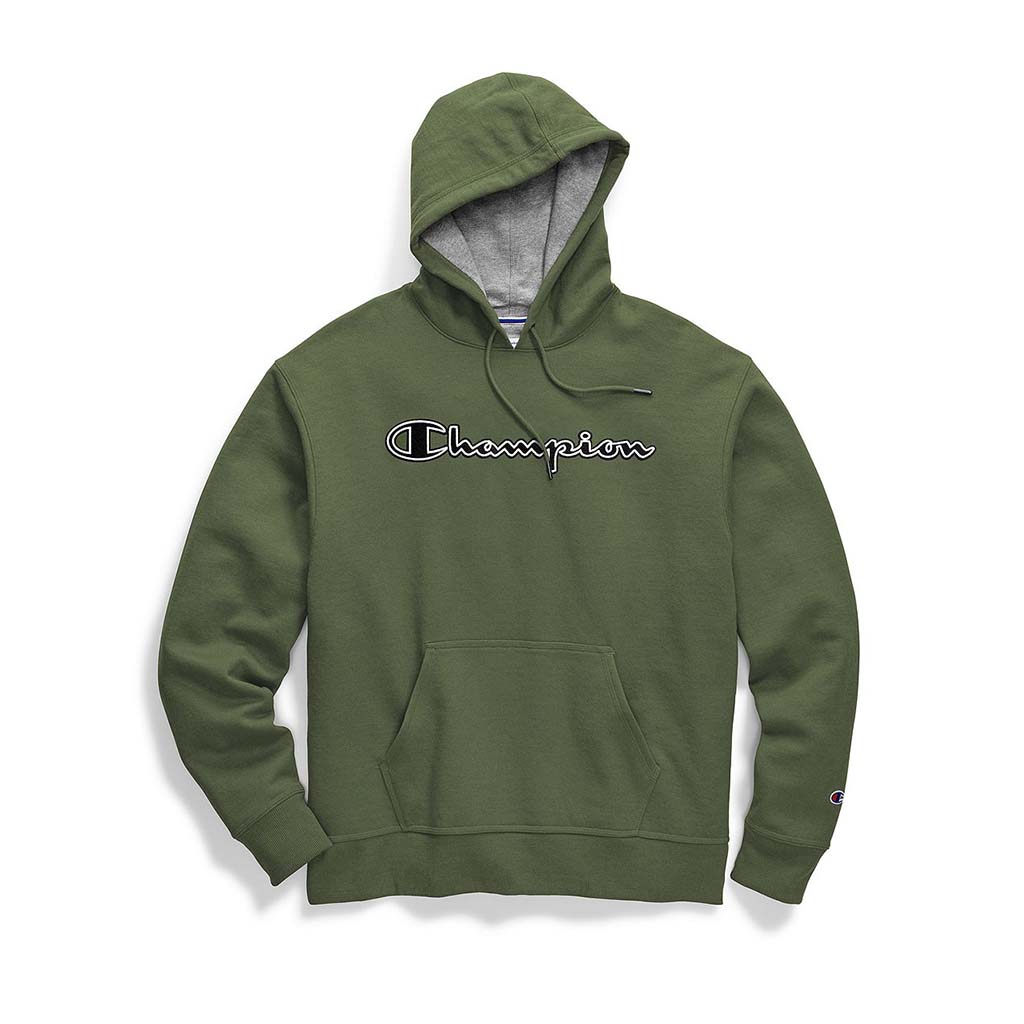Champion Powerblend Applique Hoodie sweatshirt a capuche cargo olive avec logo pour homme