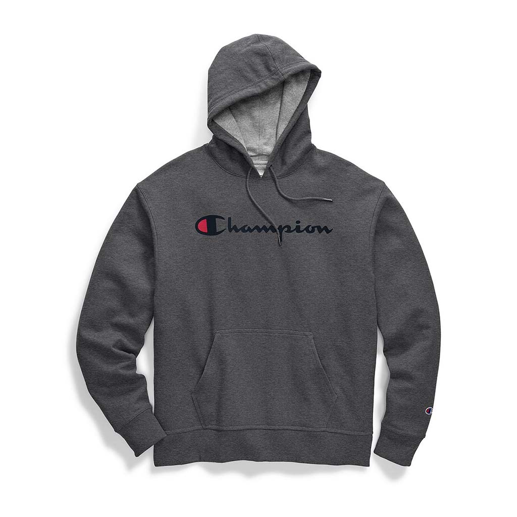 Champion Powerblend Graphic hoddie sweatshirt a capuche gris chine avec logo pour homme