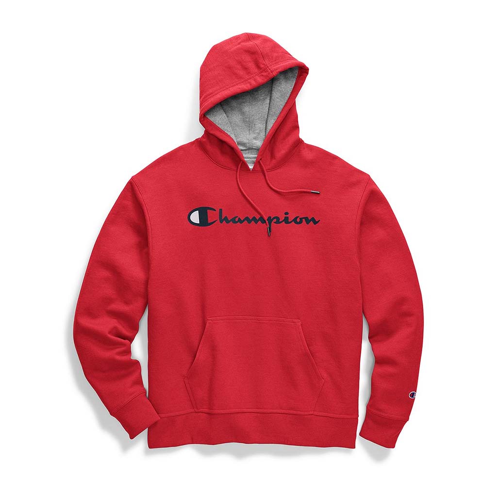 Champion Powerblend Graphic Hoodie sweatshirt a capuche rouge avec logo pour homme