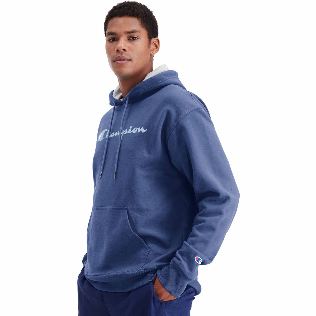 Champion Powerblend Graphic Hoodie Script logo - Classic Sky Blue - angle