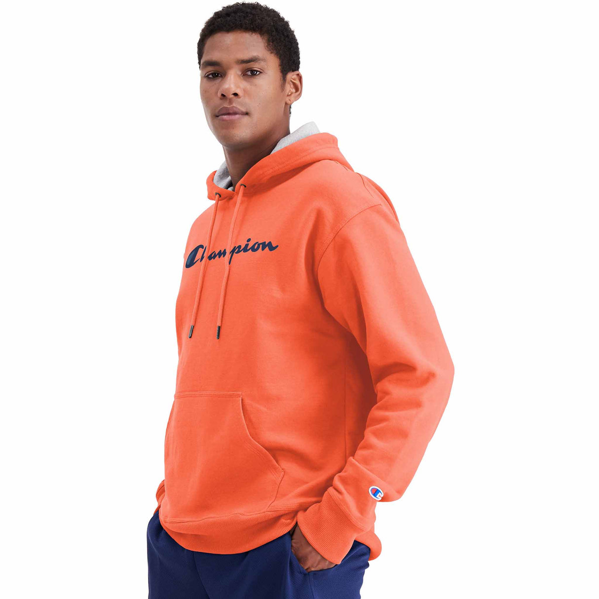 Champion Powerblend Graphic Hoodie Script logo - Poppy Orange - angle