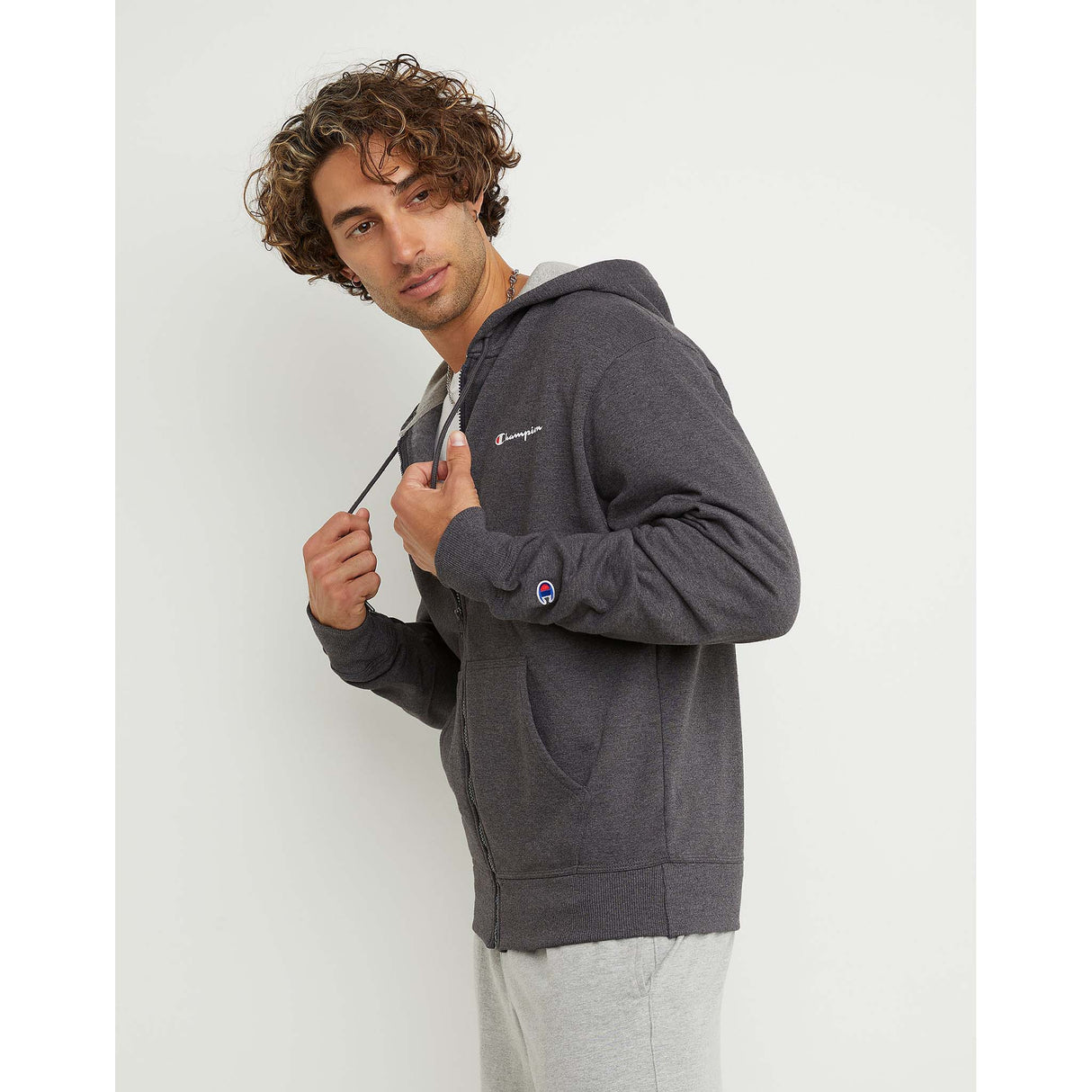 Champion Powerblend Graphic Hoodie à fermeture eclair granite chiné homme lateral