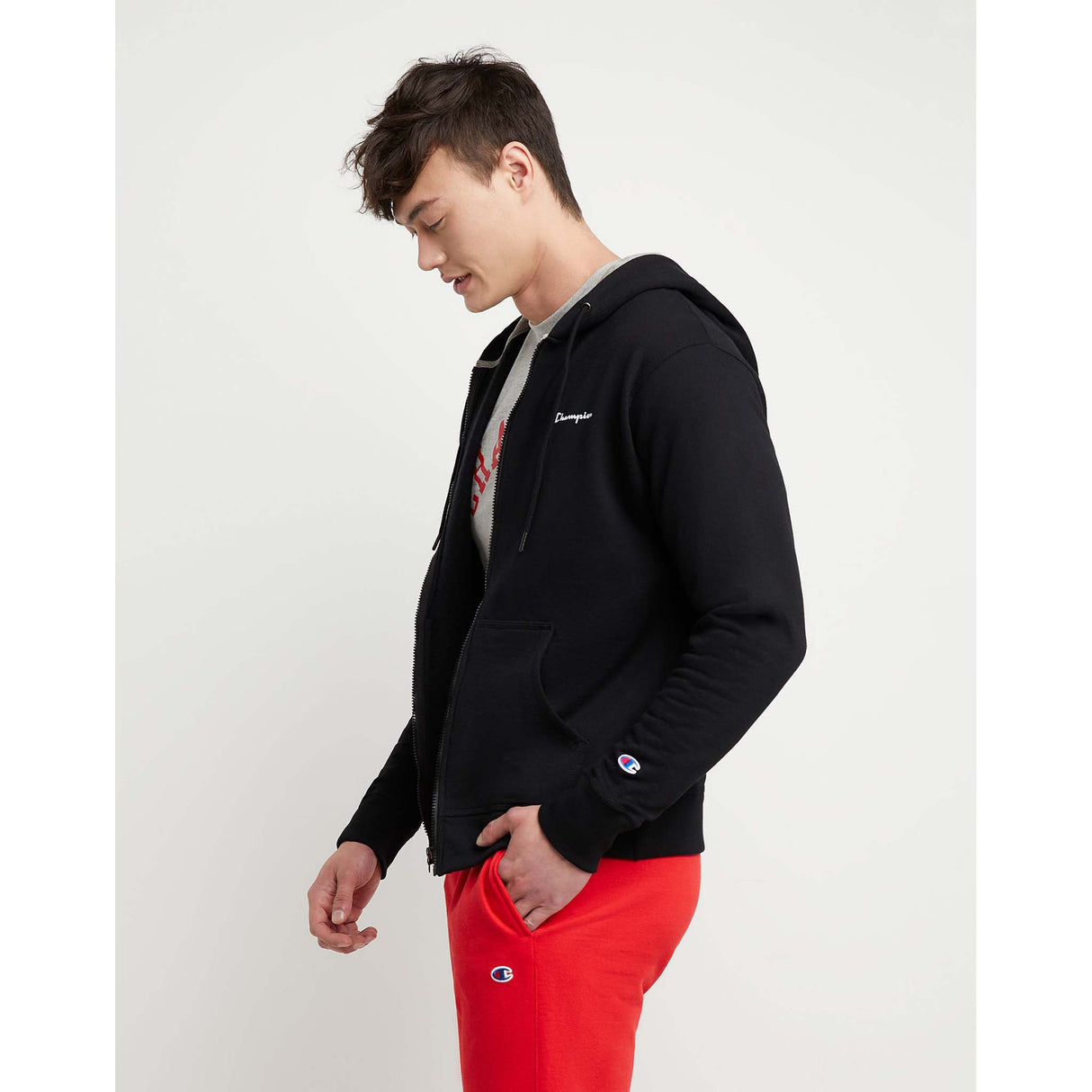 Champion Powerblend Graphic Hoodie à fermeture eclair noir homme lateral 2