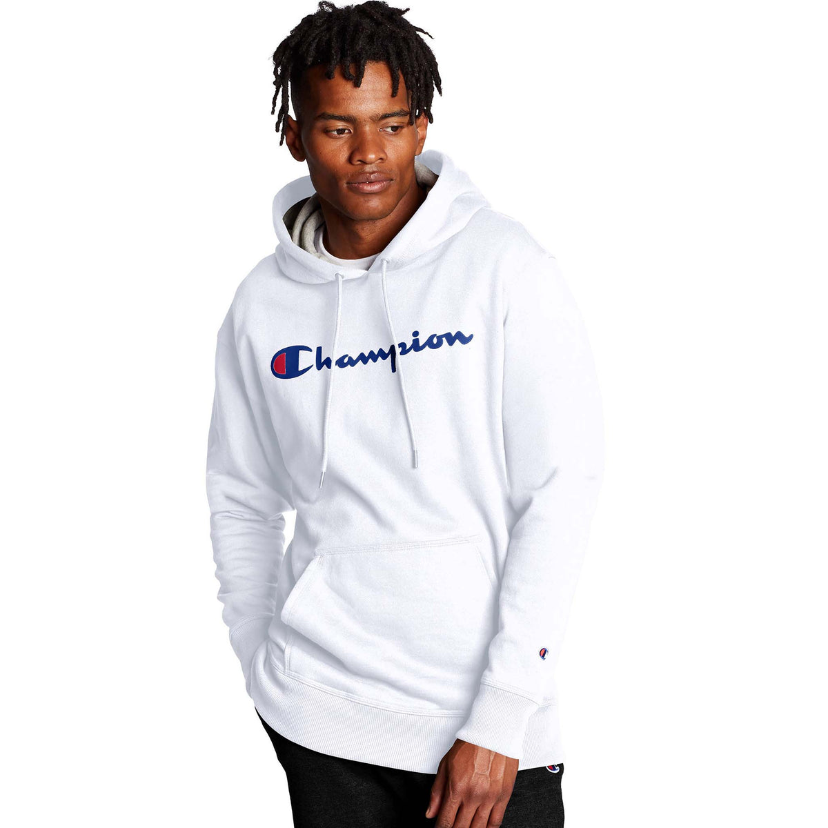 Champion Powerblend Graphic Hoodie sweatshirt a capuche blanc avec logo royal pour homme