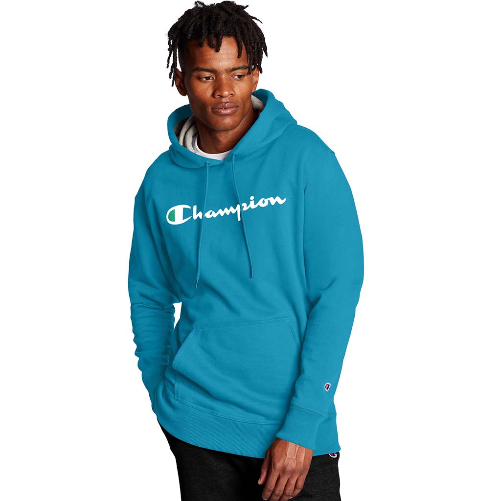 Champion Powerblend Graphic Hoodie sweatshirt a capuche deep blue water avec logo pour homme