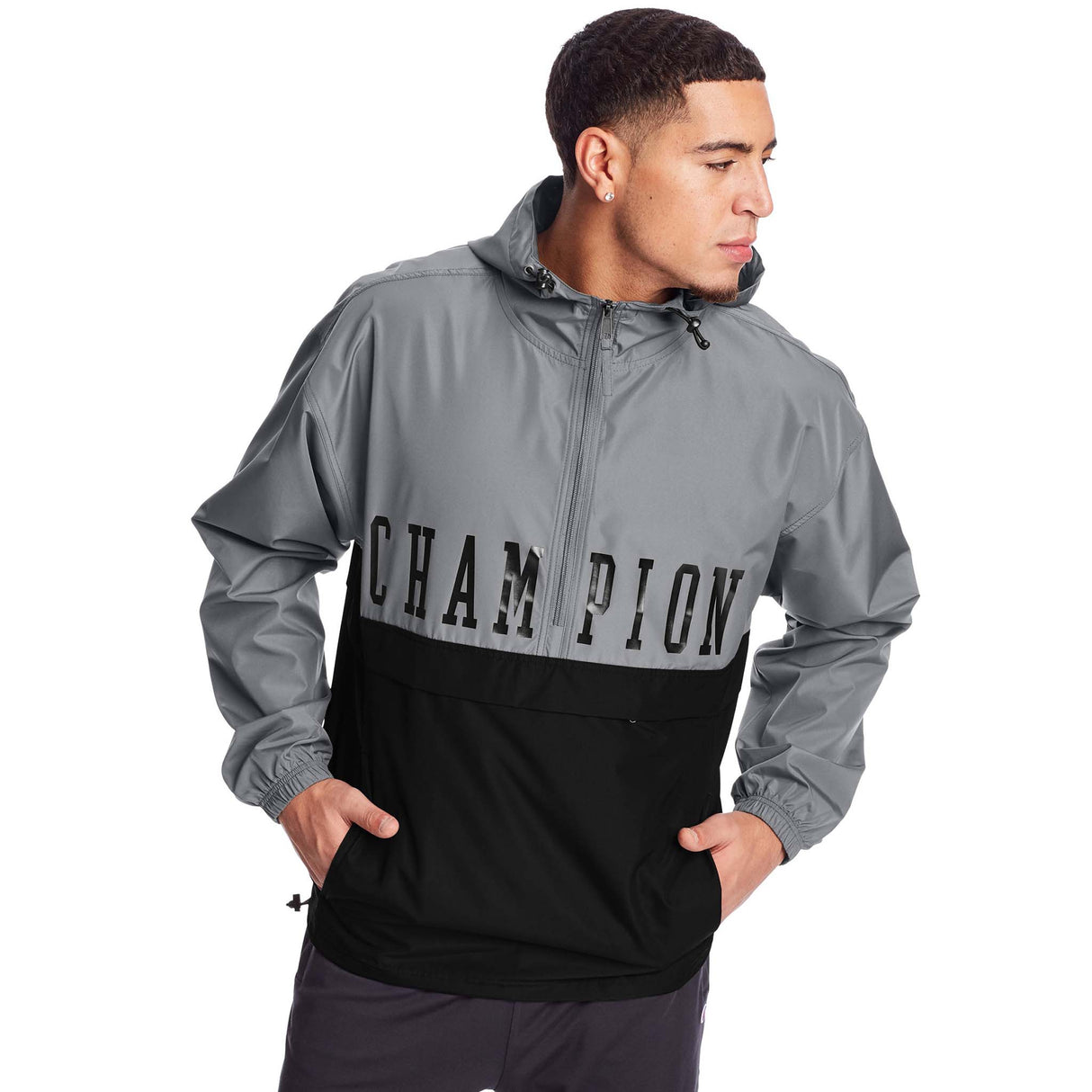 Champion Colorblock Packable Jacket Block Logo manteau de pluie à enfiler gris noir