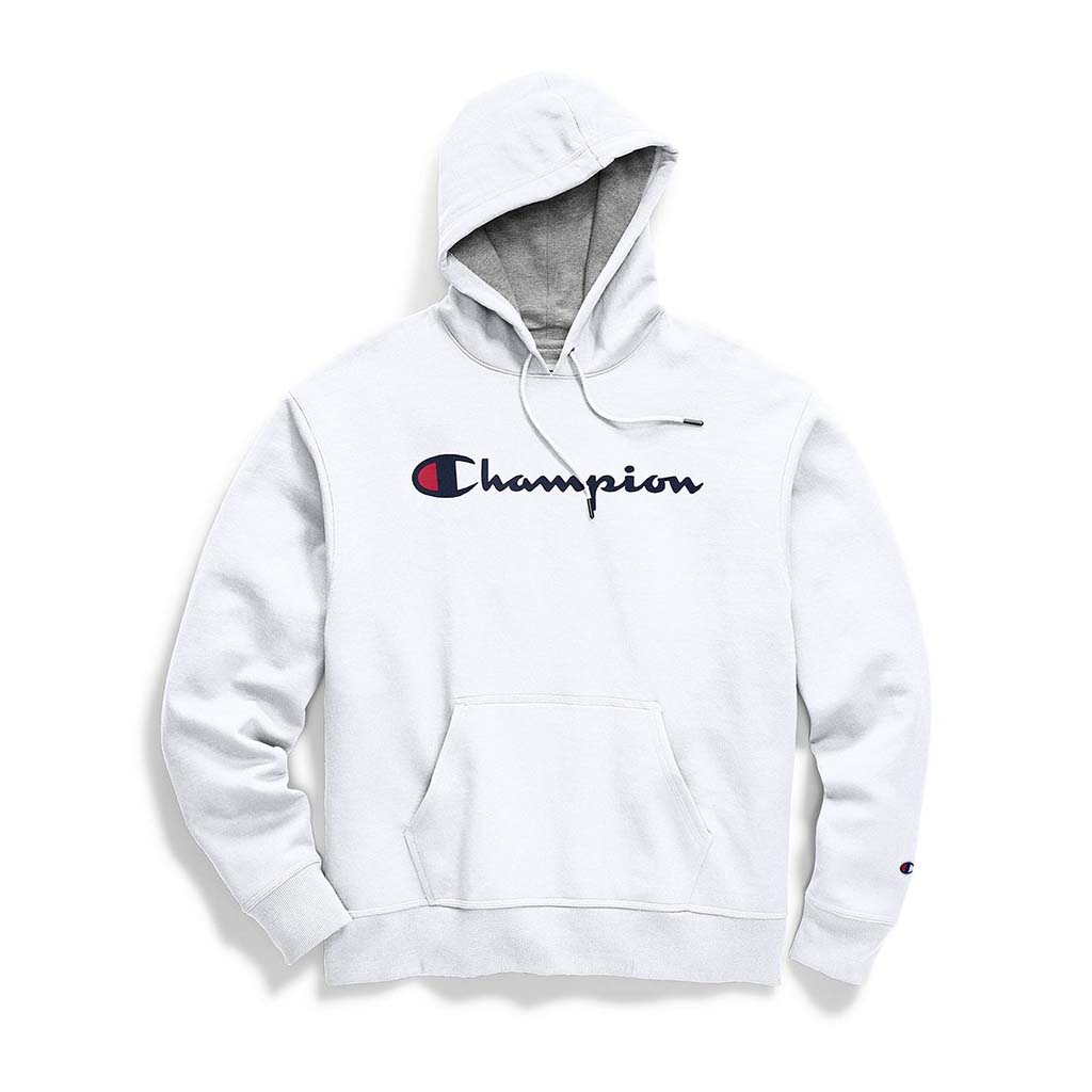 Champion Powerblend Graphic Hoodie sweatshirt a capuche blanc avec logo pour homme