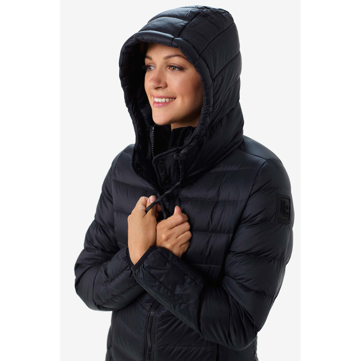 Lole manteau long léger en duvet Claudia noir pour femme capuchon live