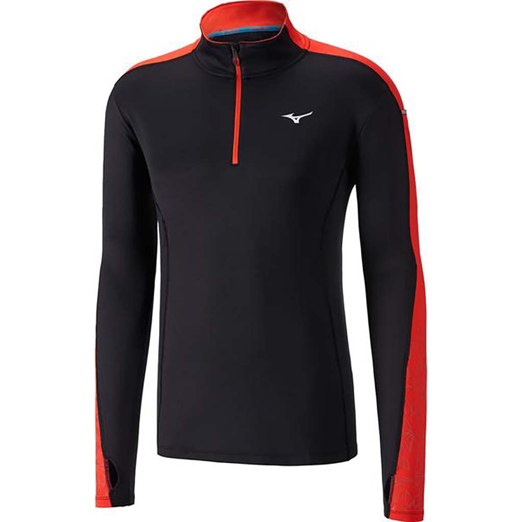 Mizuno Vortex Warmalite long sleeve mens running shirt black cherry tomato