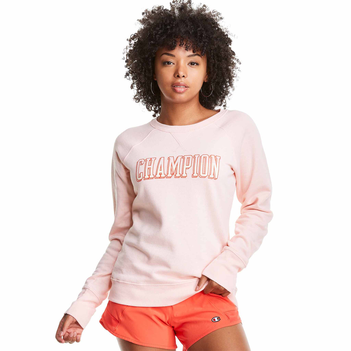 Champion Powerblend Classic Crew Block Logo chandail molletonné pour femme Coral Cream front