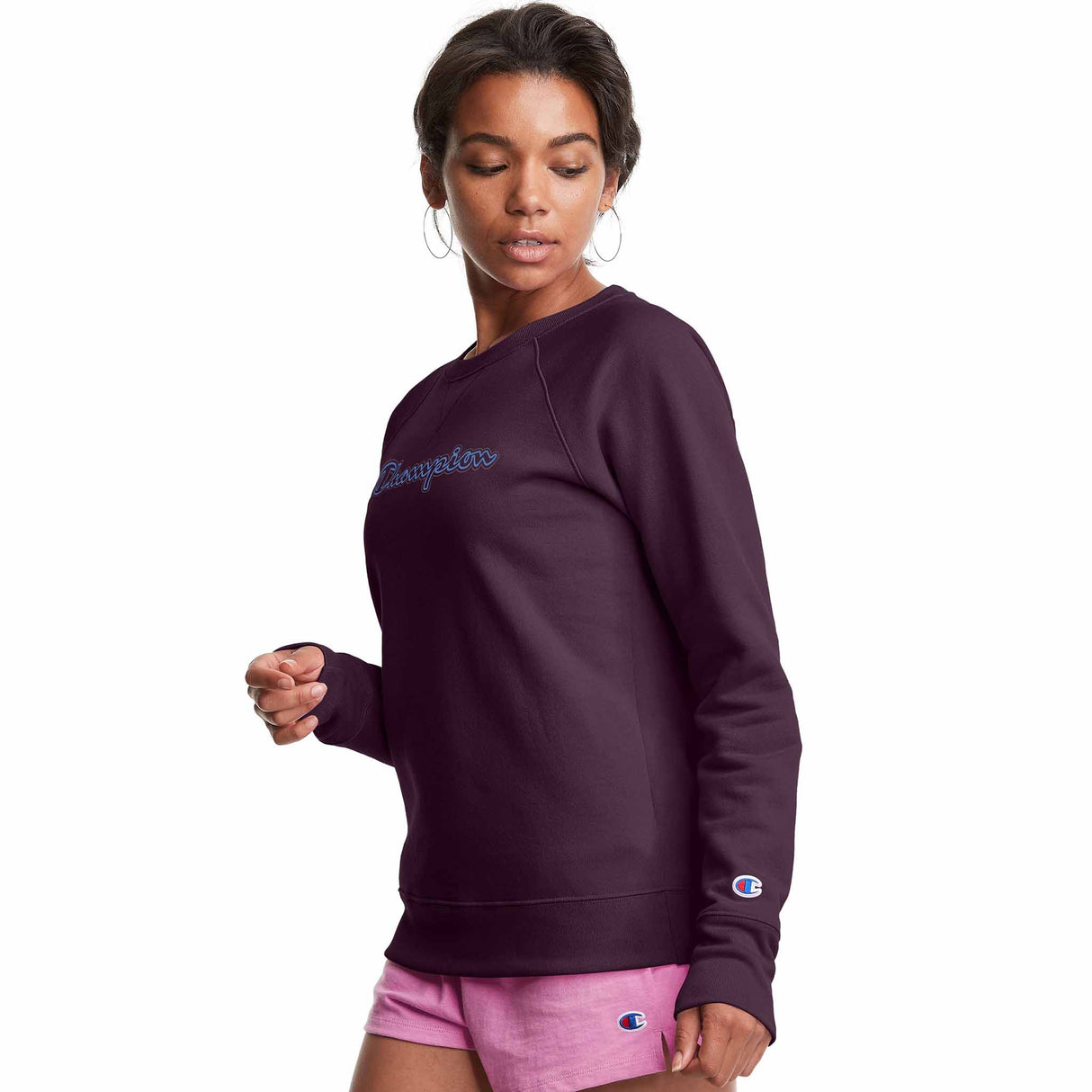 Champion Powerblend Classic Crew Embroidered Logo chandail molletonné pour femme Dark Berry Purple angle