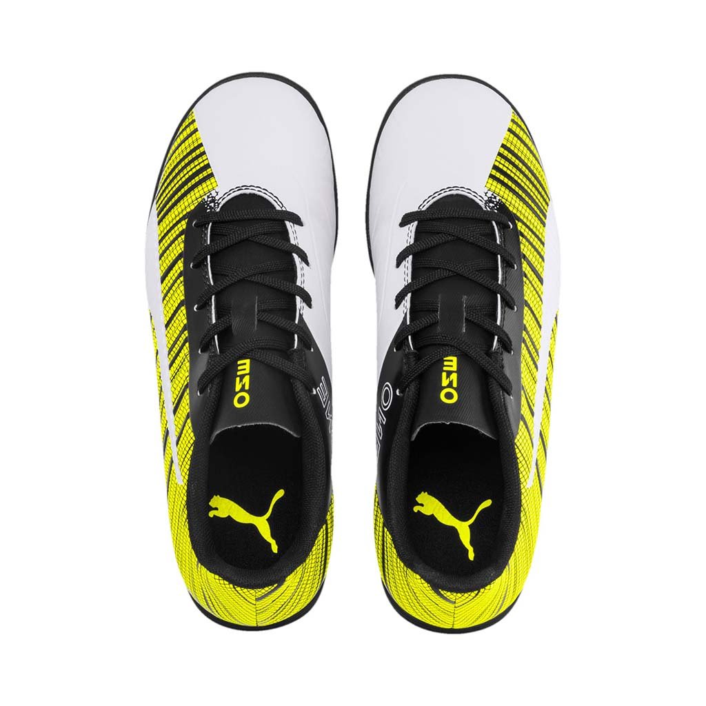 Puma One 5.4 TT chaussure de soccer turf synthetique junior blanc noir jaune uv