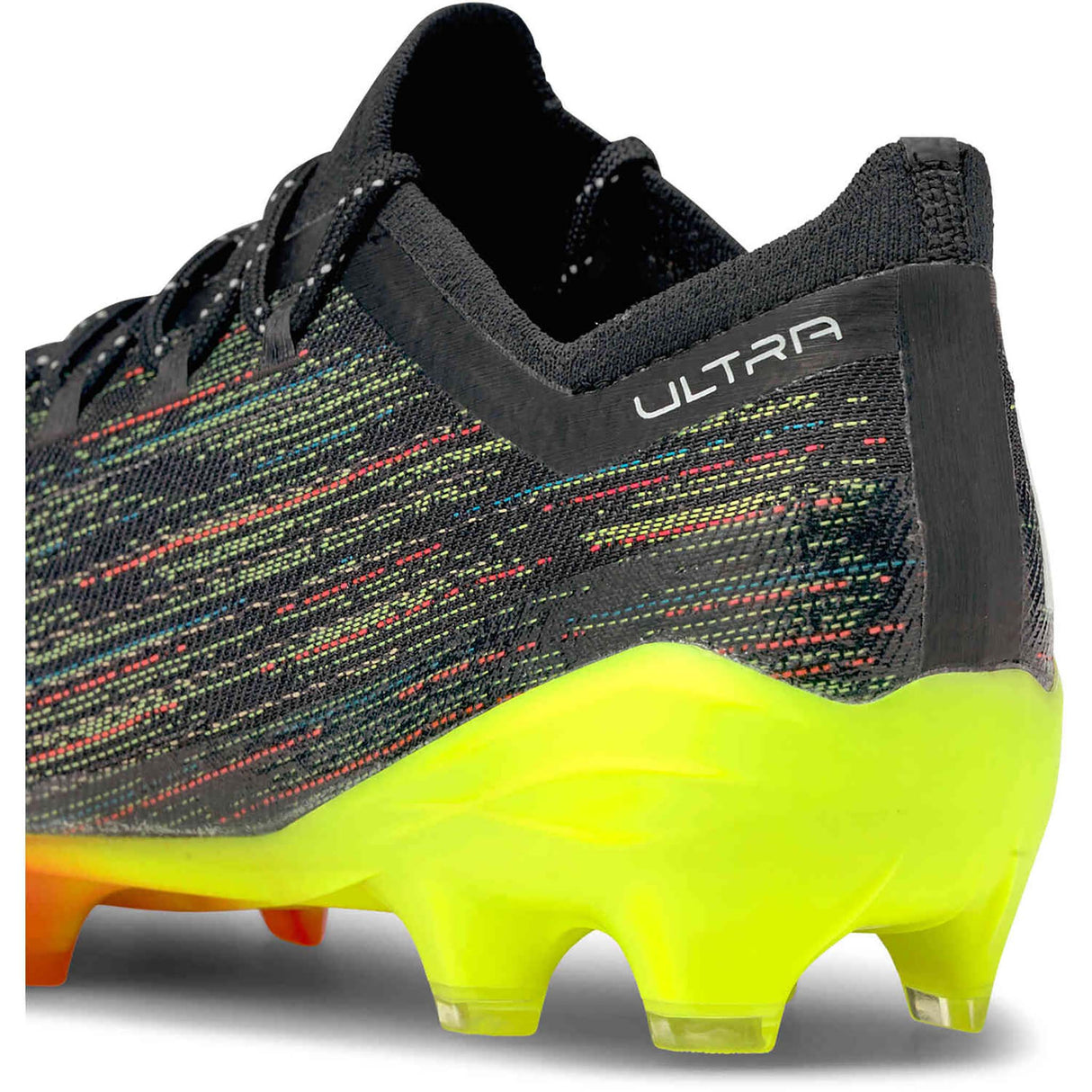 Puma Ultra 1.2 FG chaussures de soccer a crampons noir blanc jaune talon