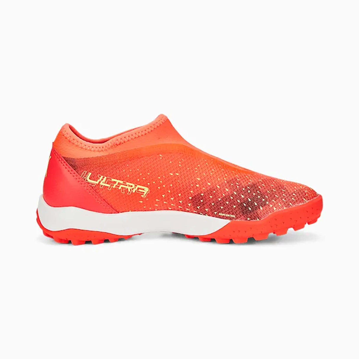 Souliers de soccer Puma Ultra Match Laceless TT turf junior fiery coral fizzy light lateral